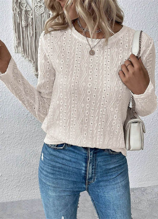 Eyelet Round Neck Long Sleeve Blouse - MimiStylez