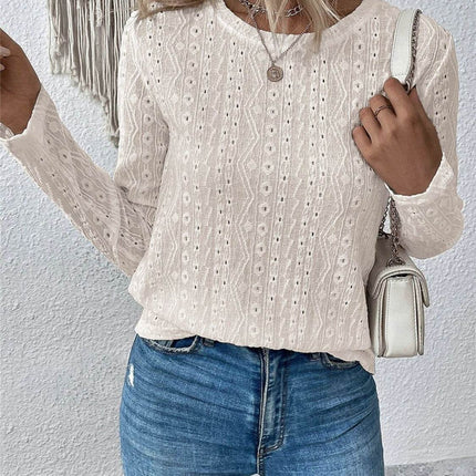 Eyelet Round Neck Long Sleeve Blouse - MimiStylez