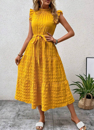 Tied Ruffled Cap Sleeve Midi Dress - MimiStylez