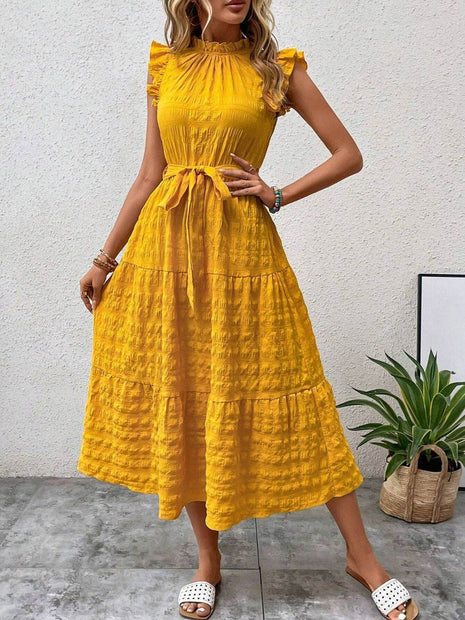 Tied Ruffled Cap Sleeve Midi Dress - MimiStylez