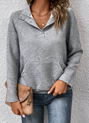 Half Buttoned Collared Neck Sweatshirt with Pocket - MimiStylez