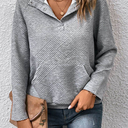 Half Buttoned Collared Neck Sweatshirt with Pocket - MimiStylez