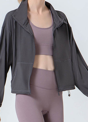 Drawstring Zip Up Dropped Shoulder Active Outerwear - MimiStylez