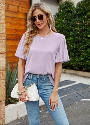 Pleated Flutter Sleeve Round Neck Blouse - MimiStylez