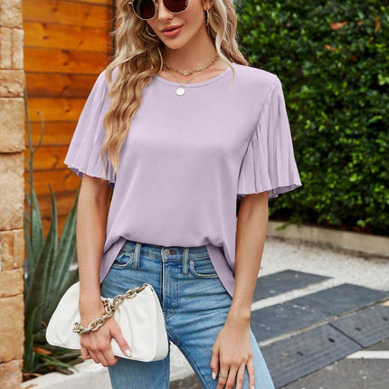 Pleated Flutter Sleeve Round Neck Blouse - MimiStylez