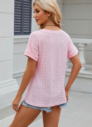 Eyelet V-Neck Short Sleeve T-Shirt - MimiStylez