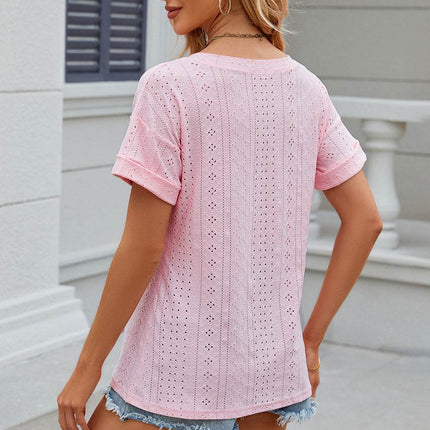 Eyelet V-Neck Short Sleeve T-Shirt - MimiStylez