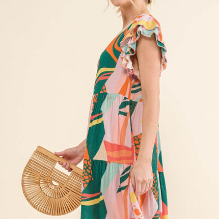 And The Why Printed Double Ruffle Sleeve Dress - MimiStylez