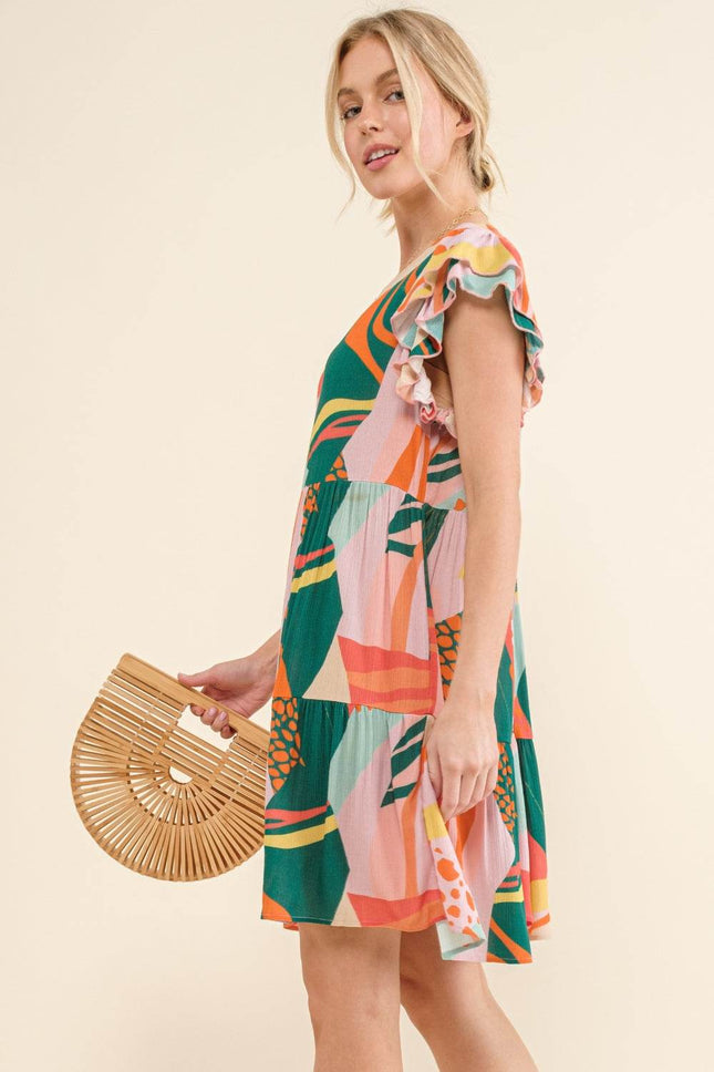 And The Why Printed Double Ruffle Sleeve Dress - MimiStylez