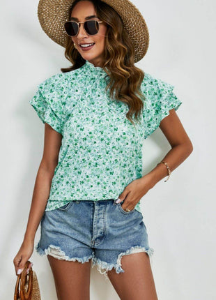 Ditsy Floral Mock Neck Flounce Sleeve Blouse - MimiStylez