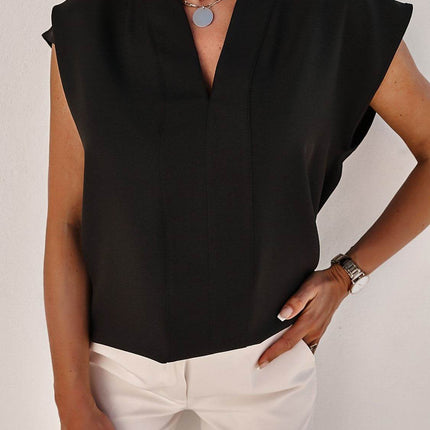 V-Neck Cap Sleeve Blouse - MimiStylez
