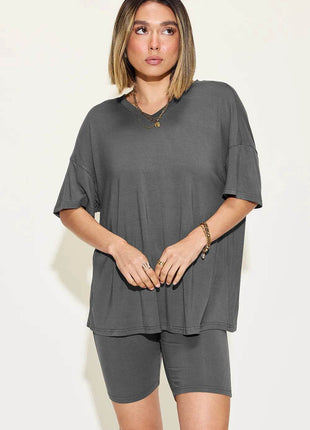 Neck Drop Shoulder T-Shirt and Shorts Set - MimiStylez