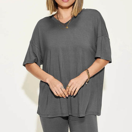 Neck Drop Shoulder T-Shirt and Shorts Set - MimiStylez
