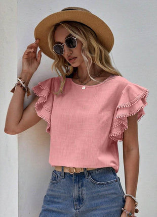 Ruffled Cap Sleeve Round Neck Blouse - MimiStylez