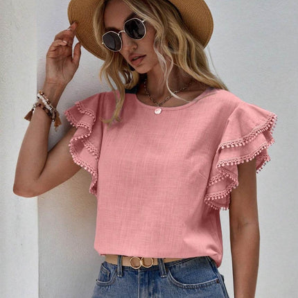 Ruffled Cap Sleeve Round Neck Blouse - MimiStylez