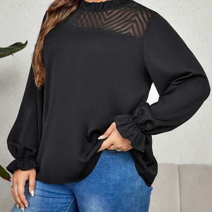 Plus Size Round Neck Flounce Sleeve Blouse - MimiStylez