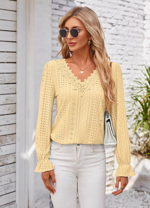 Applique V-Neck Flounce Sleeve T-Shirt - MimiStylez