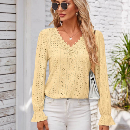 Applique V-Neck Flounce Sleeve T-Shirt - MimiStylez