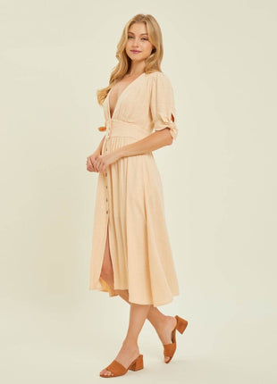 HEYSON Full Size Textured Linen V-Neck Button-Down Midi Dress - MimiStylez