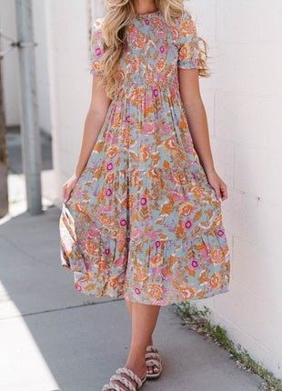Floral Flounce Sleeve Round Neck Midi Dress - MimiStylez