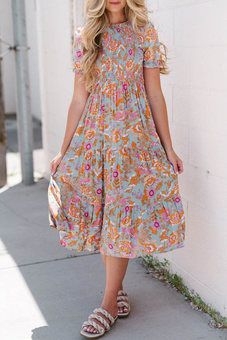 Floral Flounce Sleeve Round Neck Midi Dress - MimiStylez