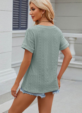 Eyelet V-Neck Short Sleeve T-Shirt - MimiStylez