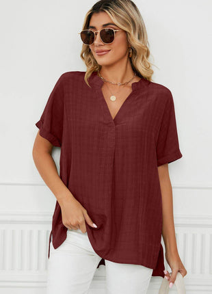 Side Slit Notched Neck Cuffed Short Sleeve Blouse - MimiStylez