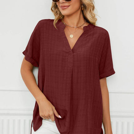 Side Slit Notched Neck Cuffed Short Sleeve Blouse - MimiStylez