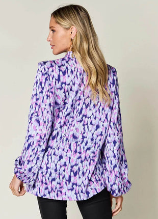 Double Take Full Size Printed Ruffle Trim Balloon Sleeve Shirt - MimiStylez