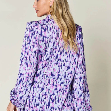 Double Take Full Size Printed Ruffle Trim Balloon Sleeve Shirt - MimiStylez