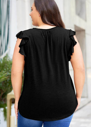 Plus Size Flutter Sleeve Notched Blouse - MimiStylez