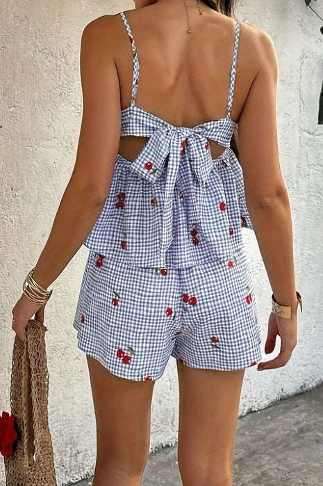 Floral Gingham Print Cami and Shorts Two-Piece Set - MimiStylez