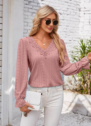 Applique V-Neck Flounce Sleeve T-Shirt - MimiStylez