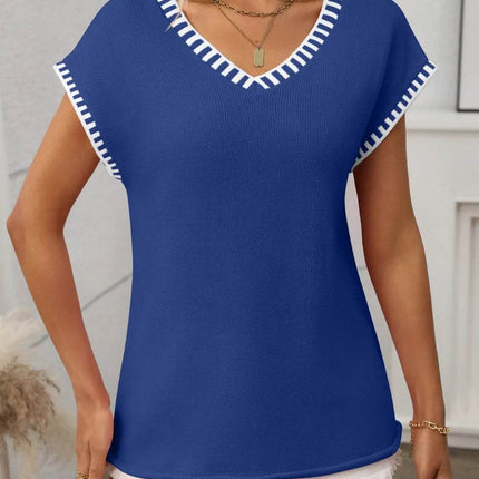 Contrast Trim V-Neck Short Sleeve Knit Top - MimiStylez