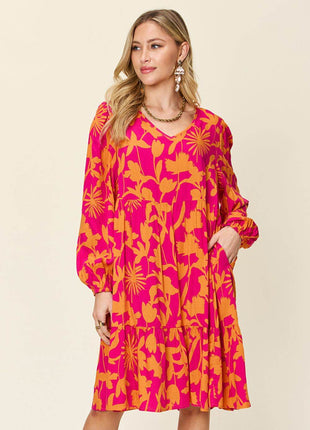 Double Take Full Size Printed Ruffle Hem Dress with Pocket - MimiStylez