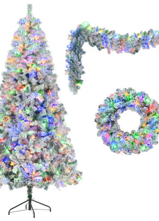 6FT Flocked Pre Lit Christmas Tree, With Garland & Wreath, Artificial Hinged Xmas Tree With Colorful LED Lights, 8 Lighting Modes, Pine Cones