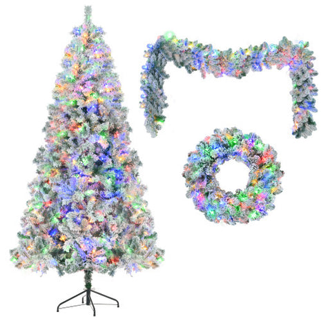6FT Flocked Pre Lit Christmas Tree, With Garland & Wreath, Artificial Hinged Xmas Tree With Colorful LED Lights, 8 Lighting Modes, Pine Cones