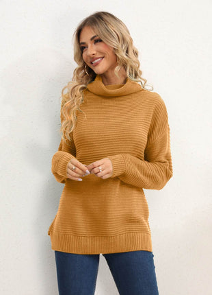 Slit Turtleneck Dropped Shoulder Sweater - MimiStylez