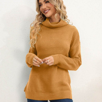 Slit Turtleneck Dropped Shoulder Sweater - MimiStylez