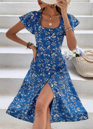 Summer Floral Print Maxi Dress Women Button Up Split Long Flowy Bohemian Beach Party Dresses - MimiStylez