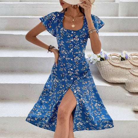 Summer Floral Print Maxi Dress Women Button Up Split Long Flowy Bohemian Beach Party Dresses - MimiStylez