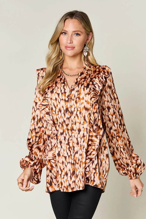 Double Take Full Size Printed Ruffle Trim Balloon Sleeve Shirt - MimiStylez
