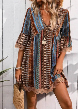 Lace Trim Printed V-Neck 3/4 Sleeve Dress - MimiStylez