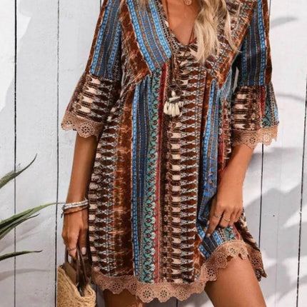 Lace Trim Printed V-Neck 3/4 Sleeve Dress - MimiStylez