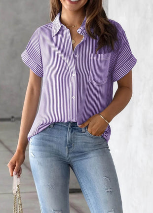 Full Size Striped Button-Up Casual Shirt with Pocket Plus Size - MimiStylez