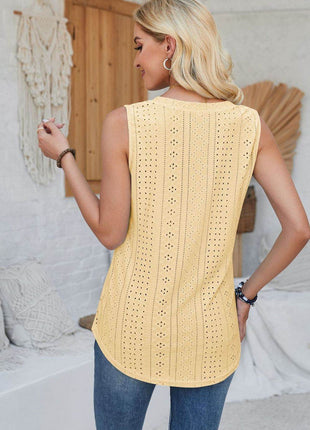Eyelet Decorative Button V-Neck Tank - MimiStylez