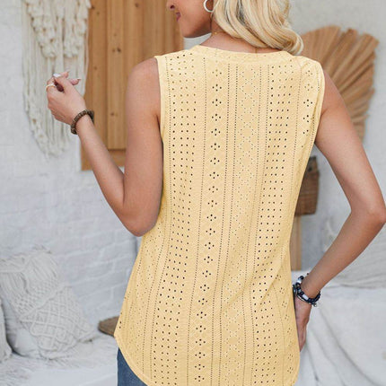 Eyelet Decorative Button V-Neck Tank - MimiStylez