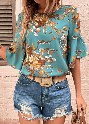 Printed Round Neck Half Sleeve Blouse - MimiStylez