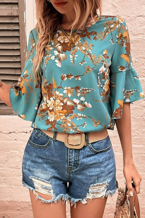 Printed Round Neck Half Sleeve Blouse - MimiStylez