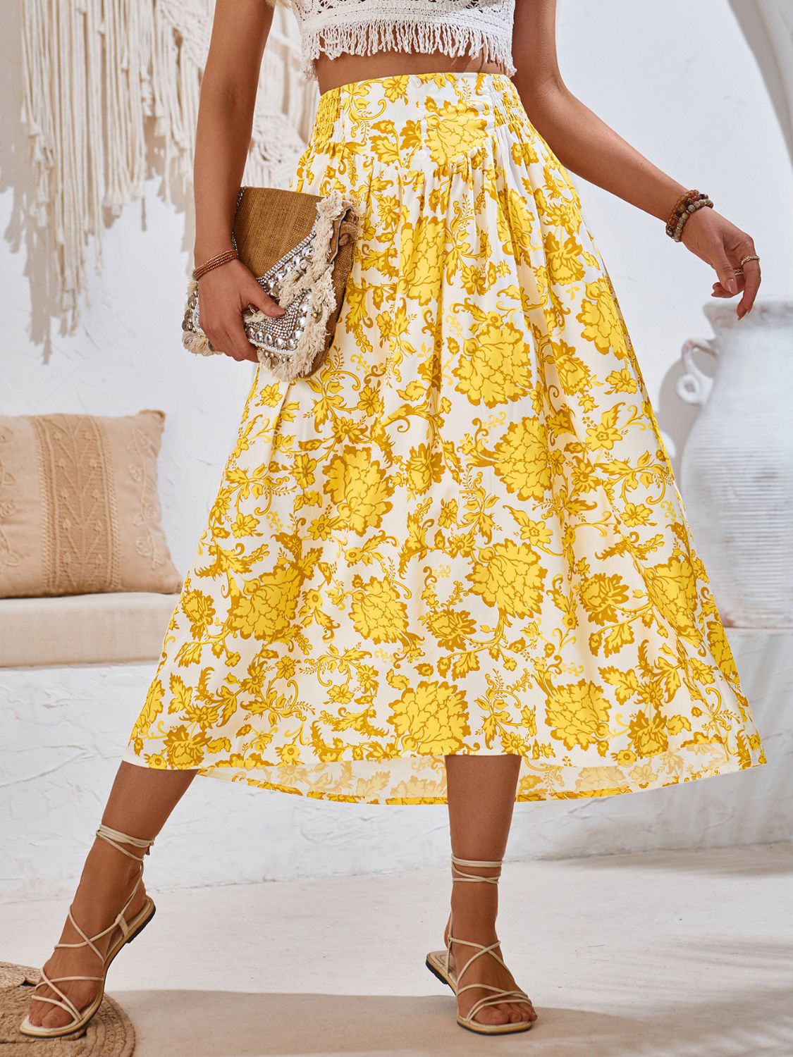 Printed Elastic Waist Midi Skirt